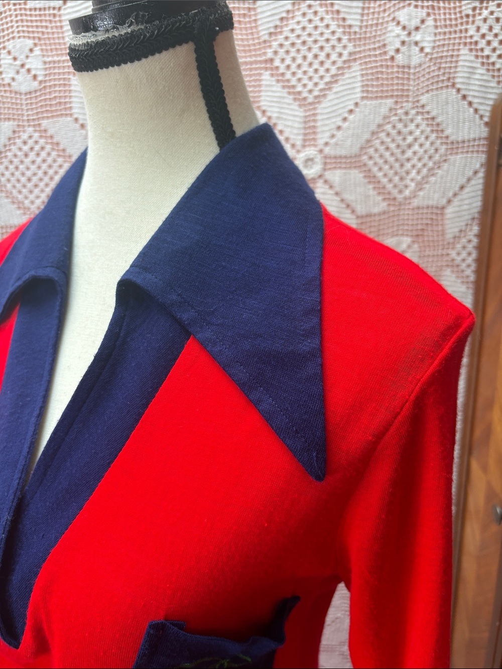 Women's Red Maxi Dress with Navy Collar - Picture 4 of 11